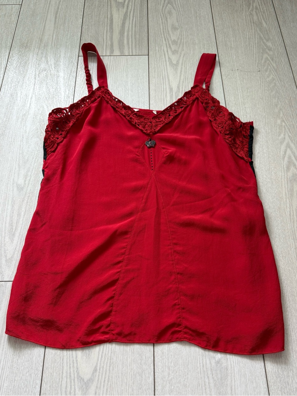 Y2K babydoll 100% silk tank red black lace crown charm V-neck slip summer medium